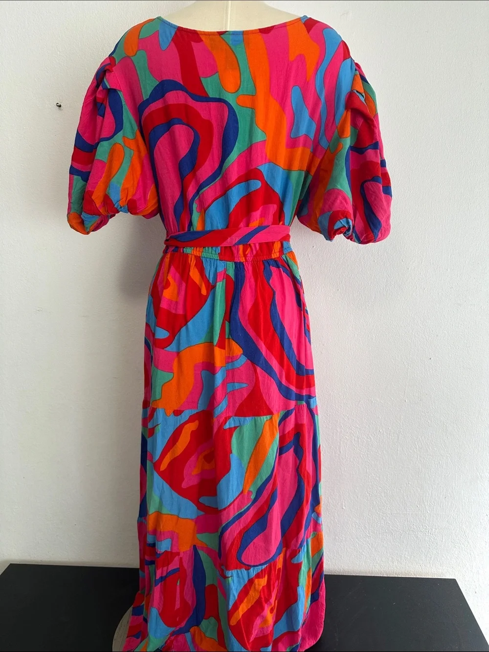 Colorful Pink Abstract  Maxi Dress with Self-Tie Waist